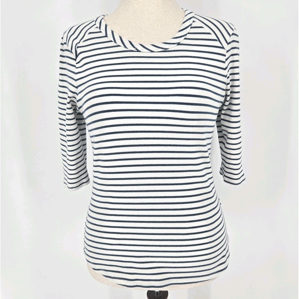Nine Britton Women's Large Navy White Striped Ribbed 3/4 Sleeve Cotton Top